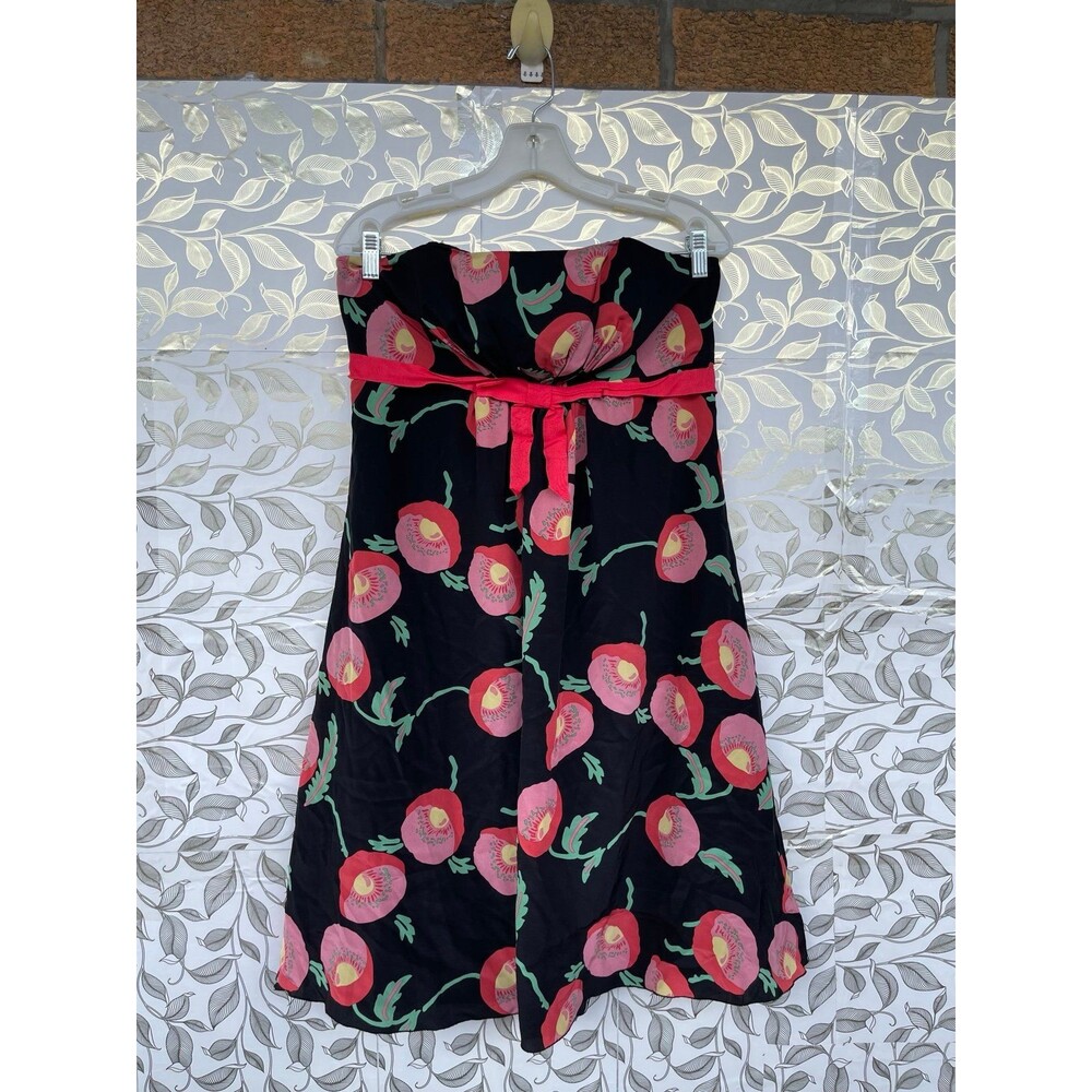 Anna Sui Anthropologie Sz 12 Silk Dress Strapless Black Pink Poppy Floral Lined